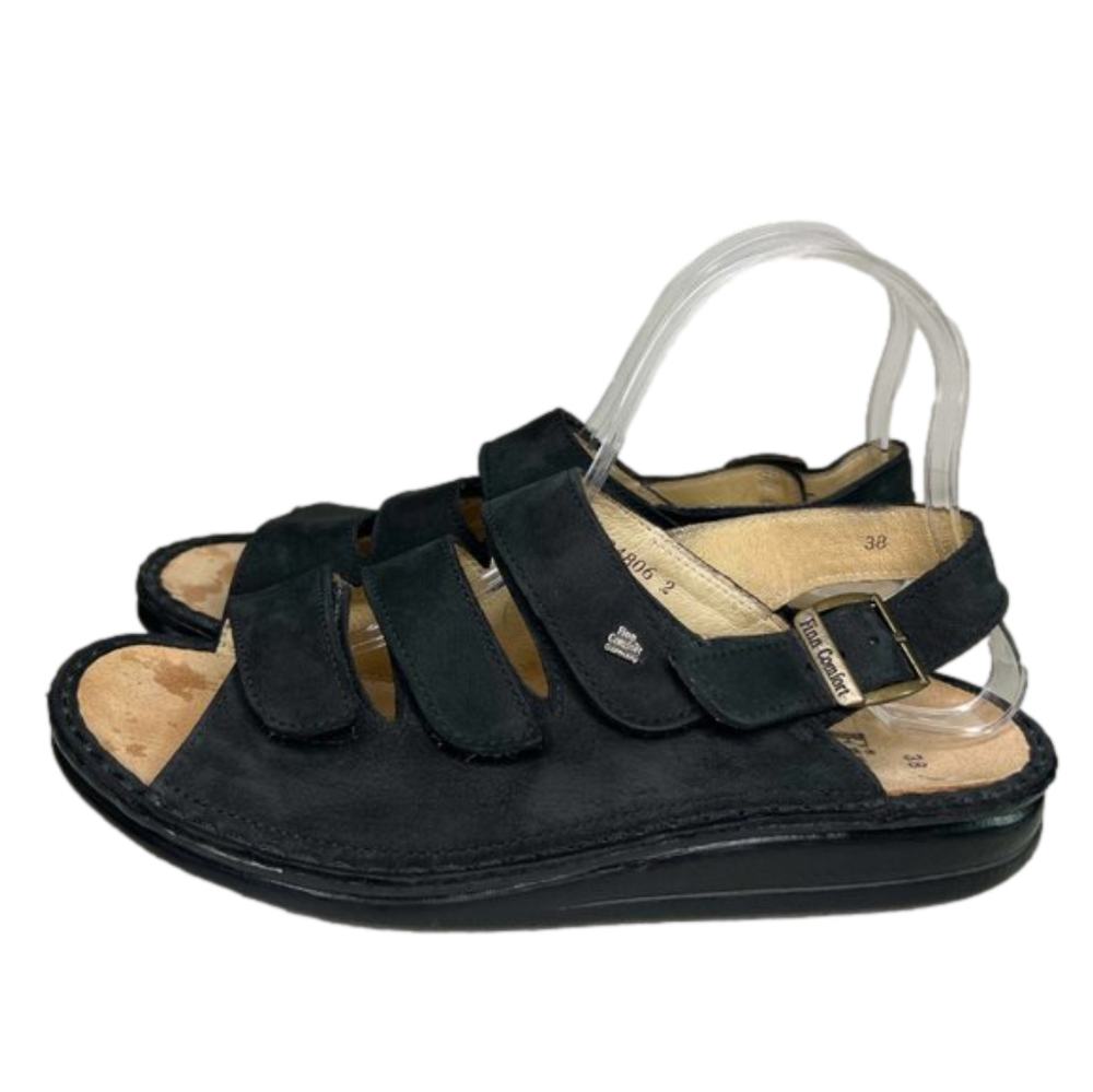 Nwot Finn Comfort Black Nubuck Leather Open Toe Ankle Strap Sandal size 7.5 - Picture 1 of 6
